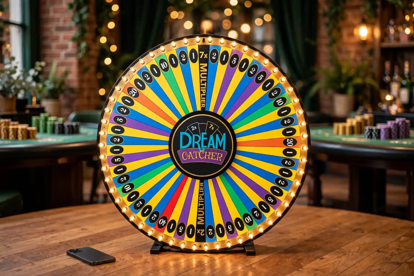 Live casino studio with illuminated Dream Catcher wheel and hidden-screen smartphone in the UK