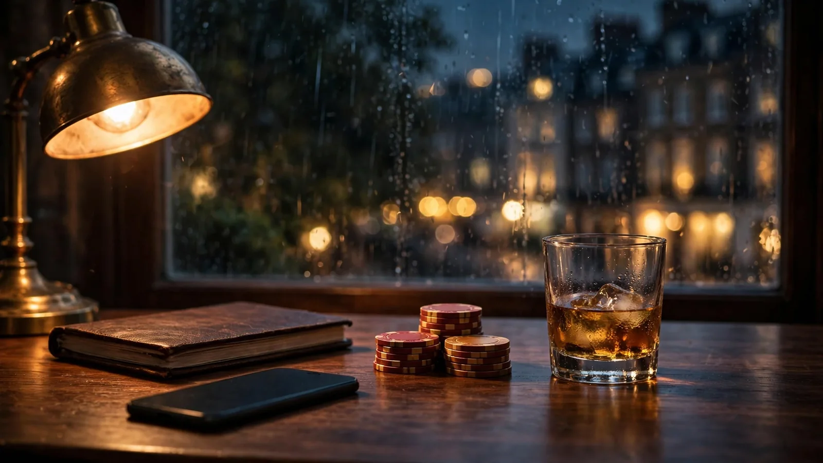 Moody British casino desk scene with chips, whisky, and face-down smartphone at night.