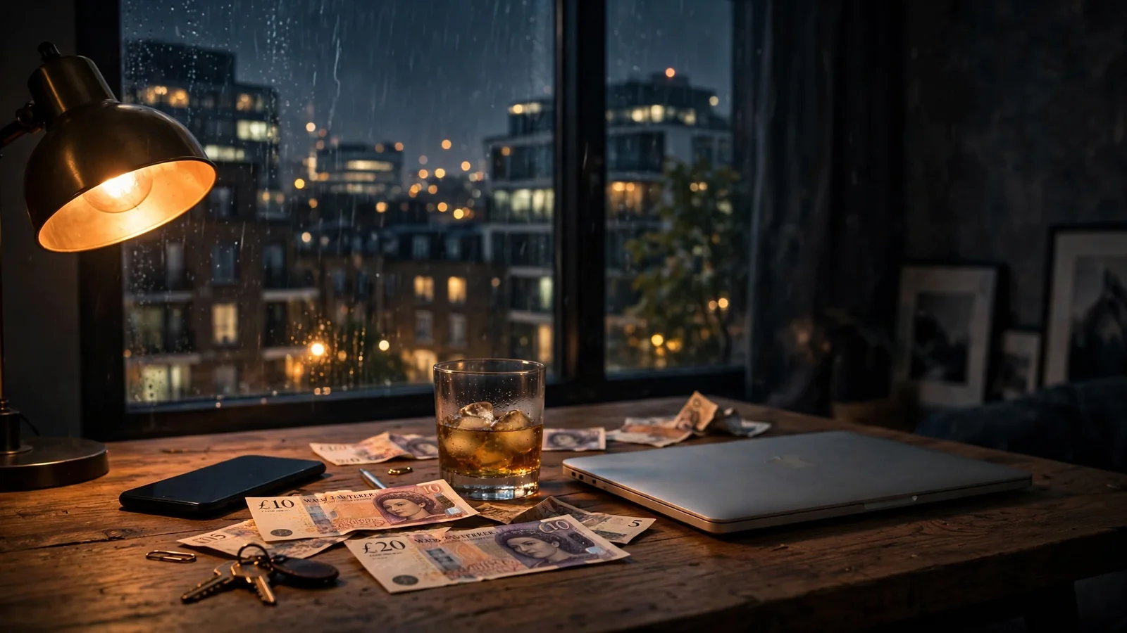 Dimly lit London apartment desk with laptop, whisky, and pound notes at night