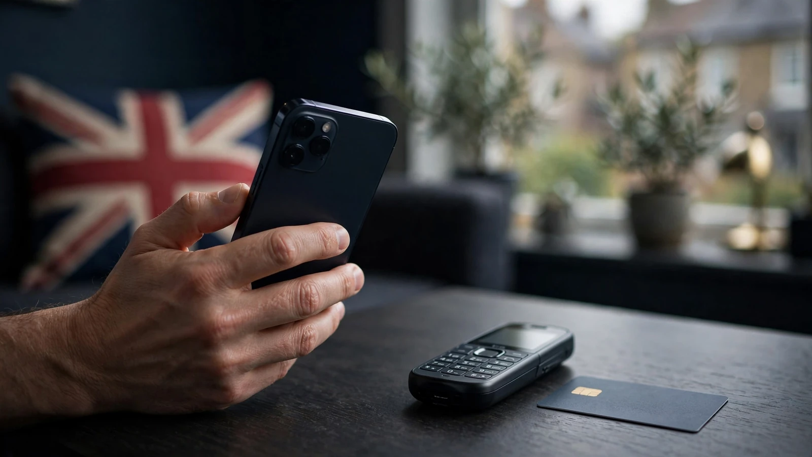 Smartphone and UK payment methods on a dark desk