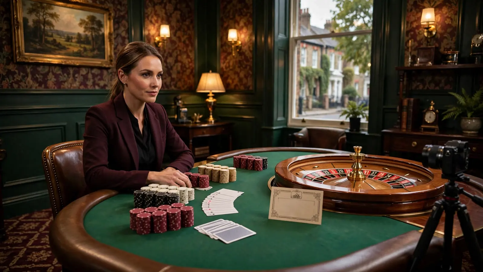 UK live-casino dealer presenting chips, cards and roulette wheel