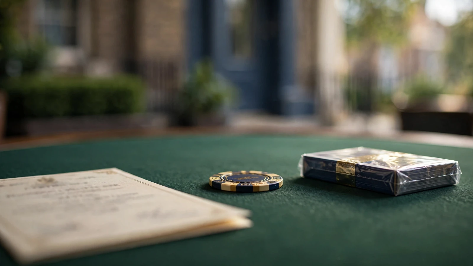 Licence certificate, casino chip and sealed cards on a premium green table