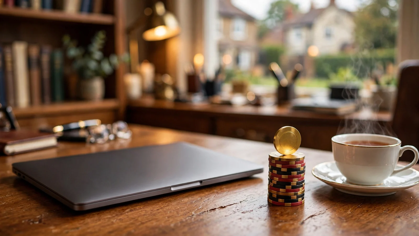Laptop on desk with casino chips and British tea setting