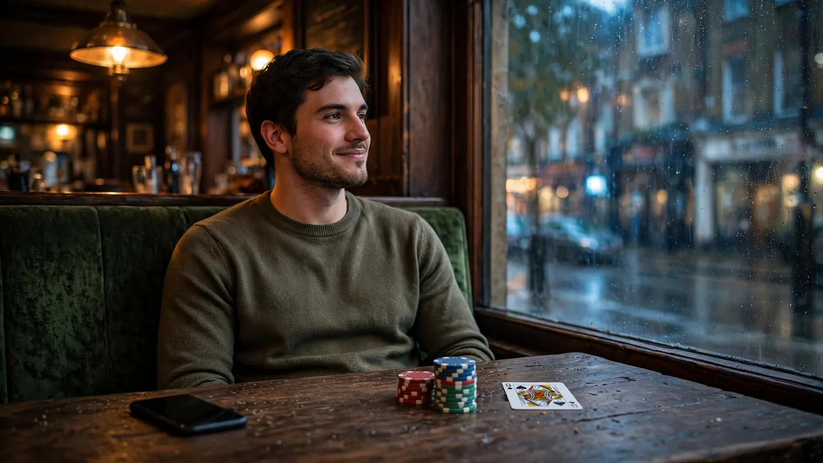Relaxed player at a table with chips and a phone face-down, rainy London street outside