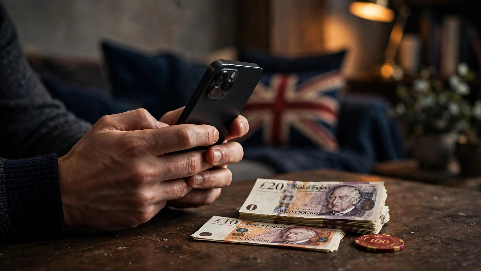 Hands holding a smartphone with British pounds and a casino chip on a table