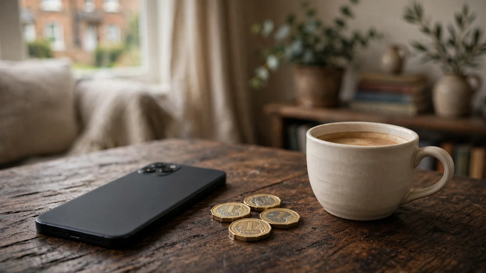 British pounds, a smartphone, and a coffee cup on a wooden table