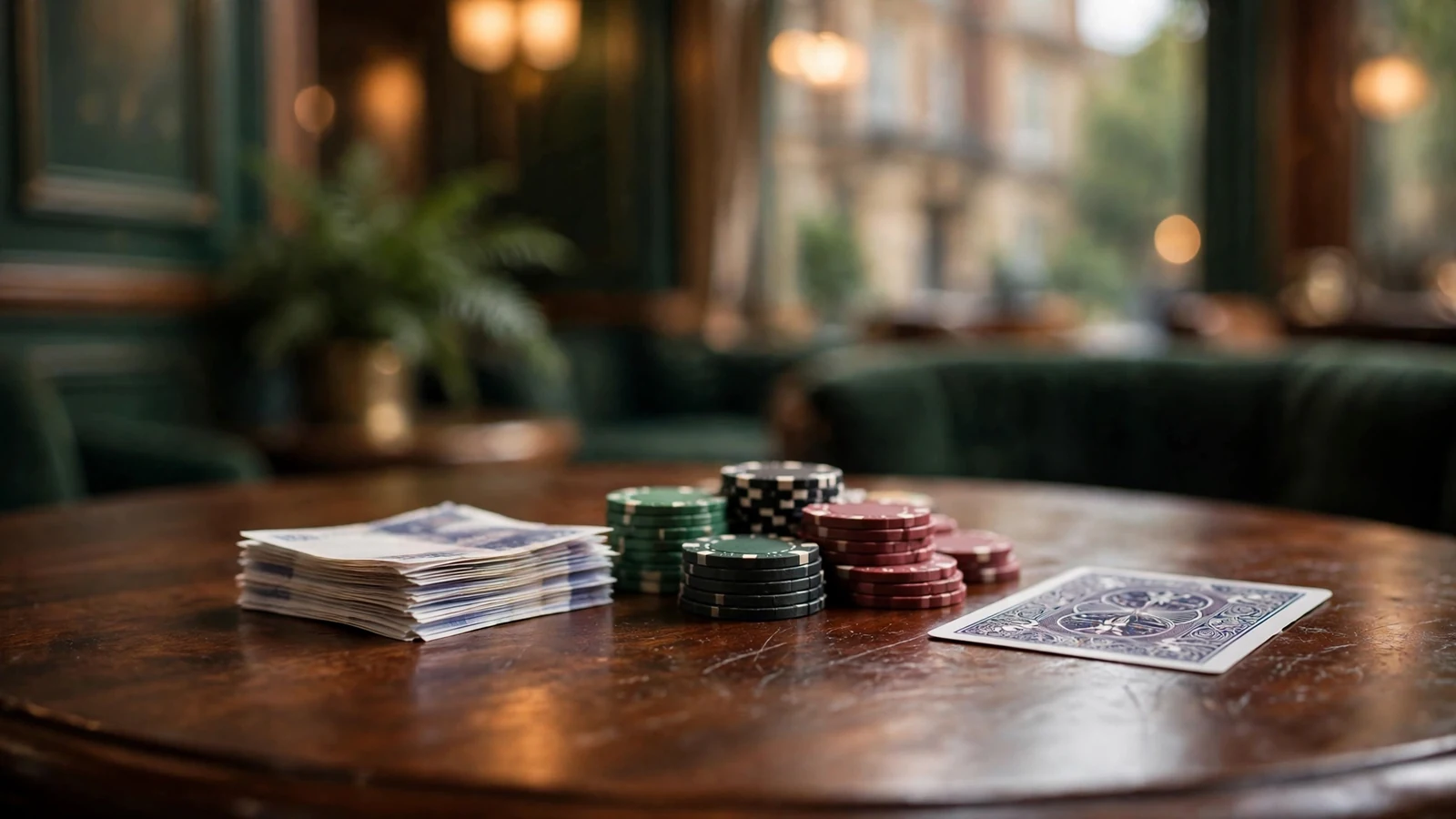 UK pound banknotes and casino chips on a dark wood table, suggesting instant wager-free winnings.