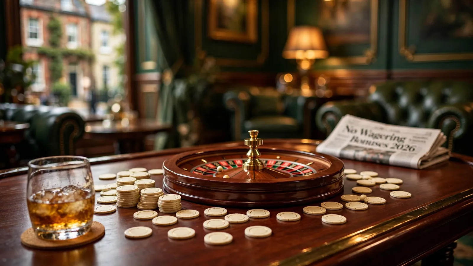 British casino lounge with roulette wheel, chips, and whisky glass.