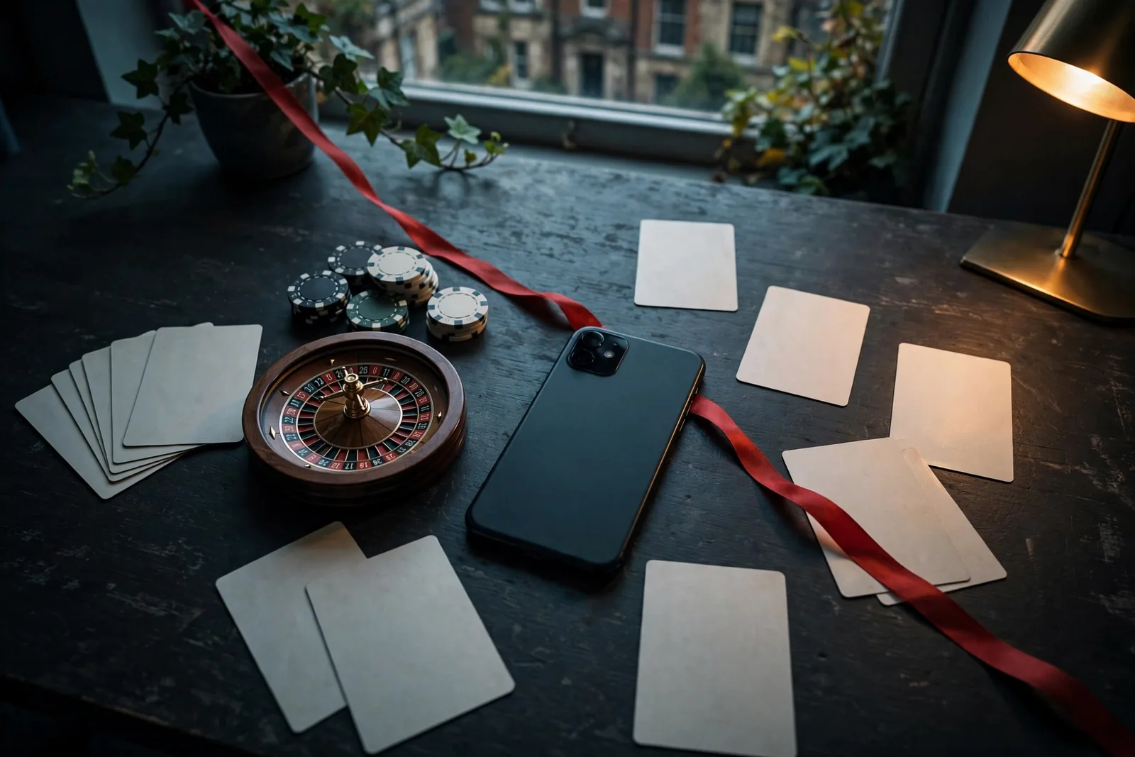 Closed smartphone with exclusion ribbon among subtle casino props