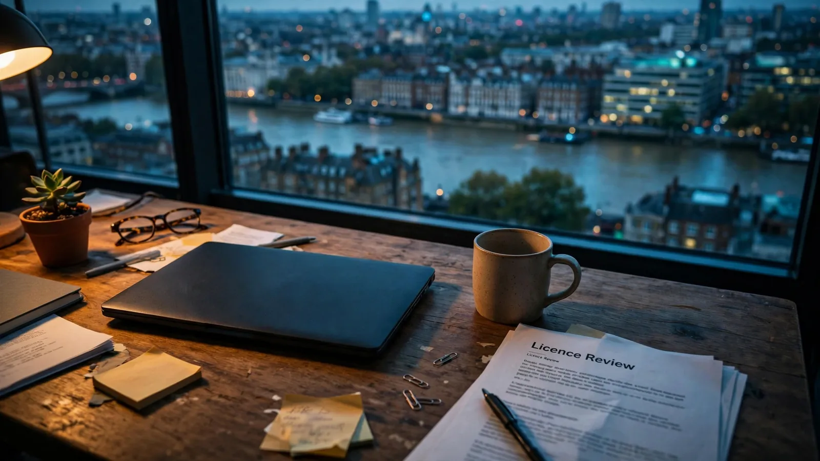 Closed laptop on a London desk at dusk with licence paperwork and city skyline view