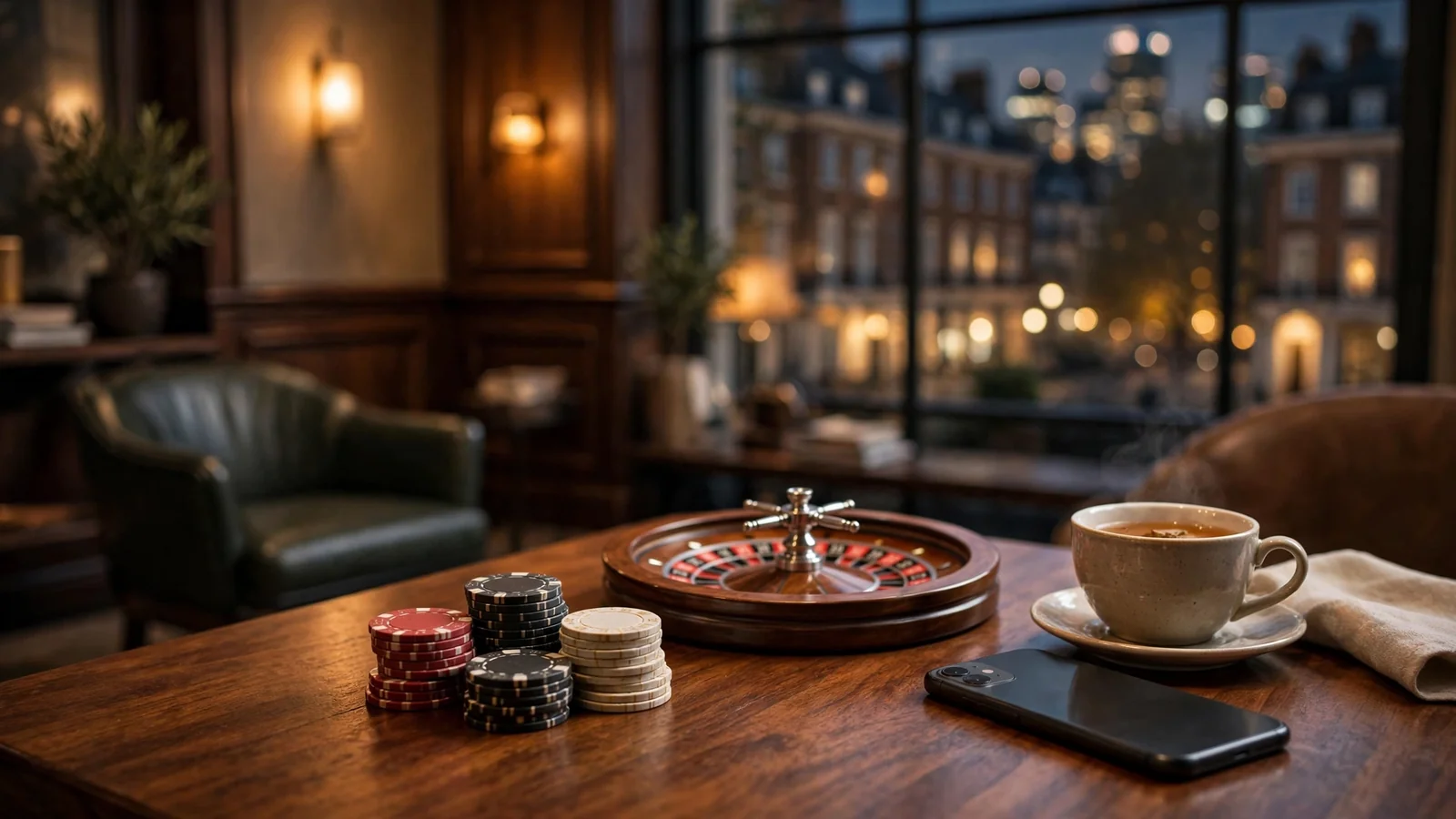 London lounge scene with roulette wheel, casino chips, and a face-down smartphone