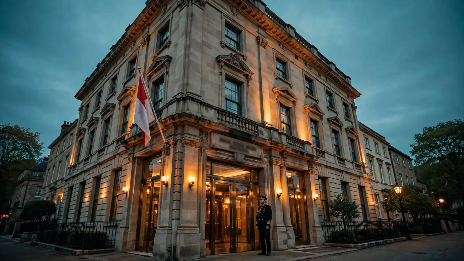Non-UK licensed casino hotel entrance at dusk with foreign flag