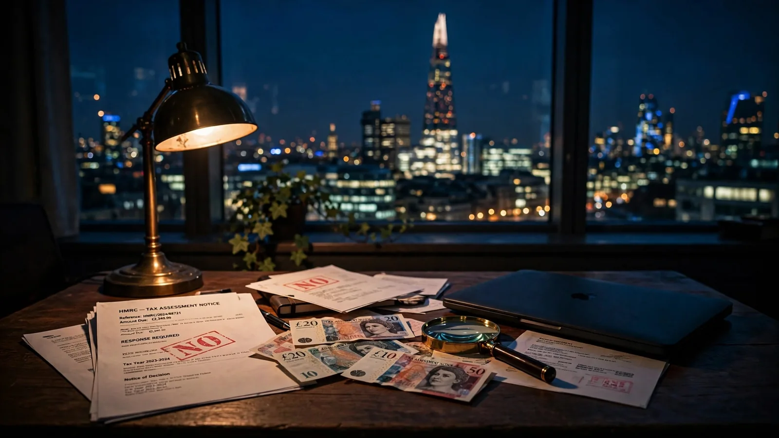 London desk at night with closed laptop, documents and pound notes under lamp