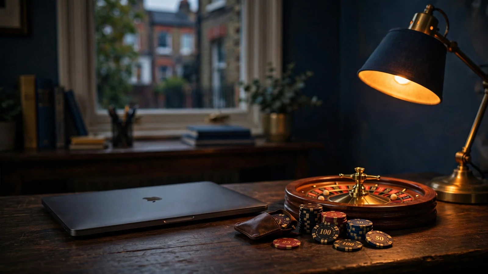 Laptop with casino chips and roulette wheel on desk, UK home office scene.