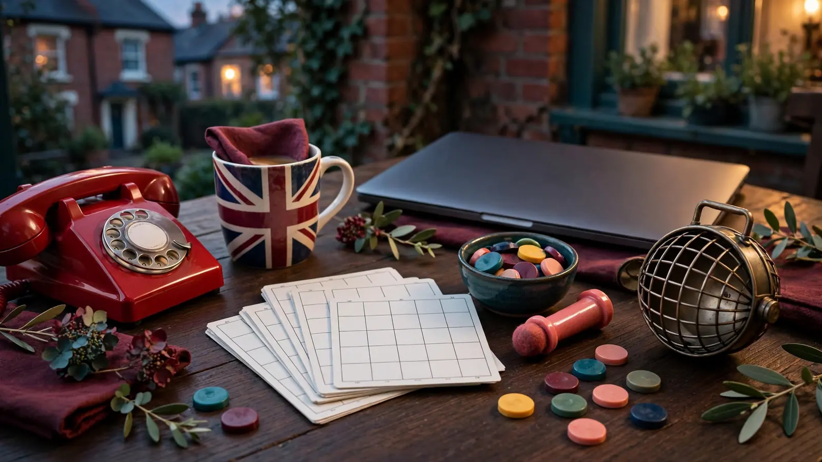 British bingo props and a closed laptop on a wooden table