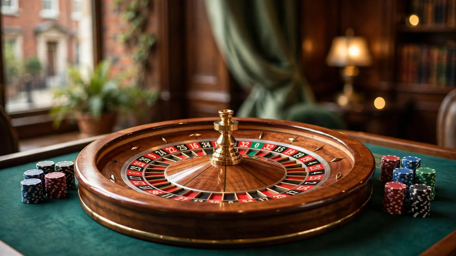 European roulette wheel with single zero on a casino table