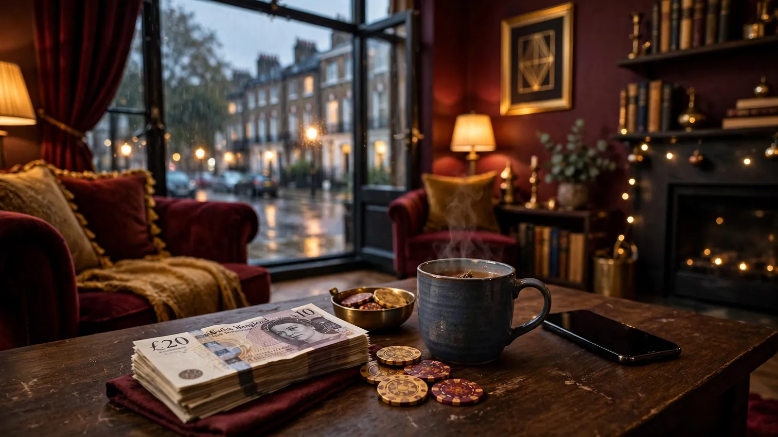 British living room with pounds, chips and phone face-down at dusk