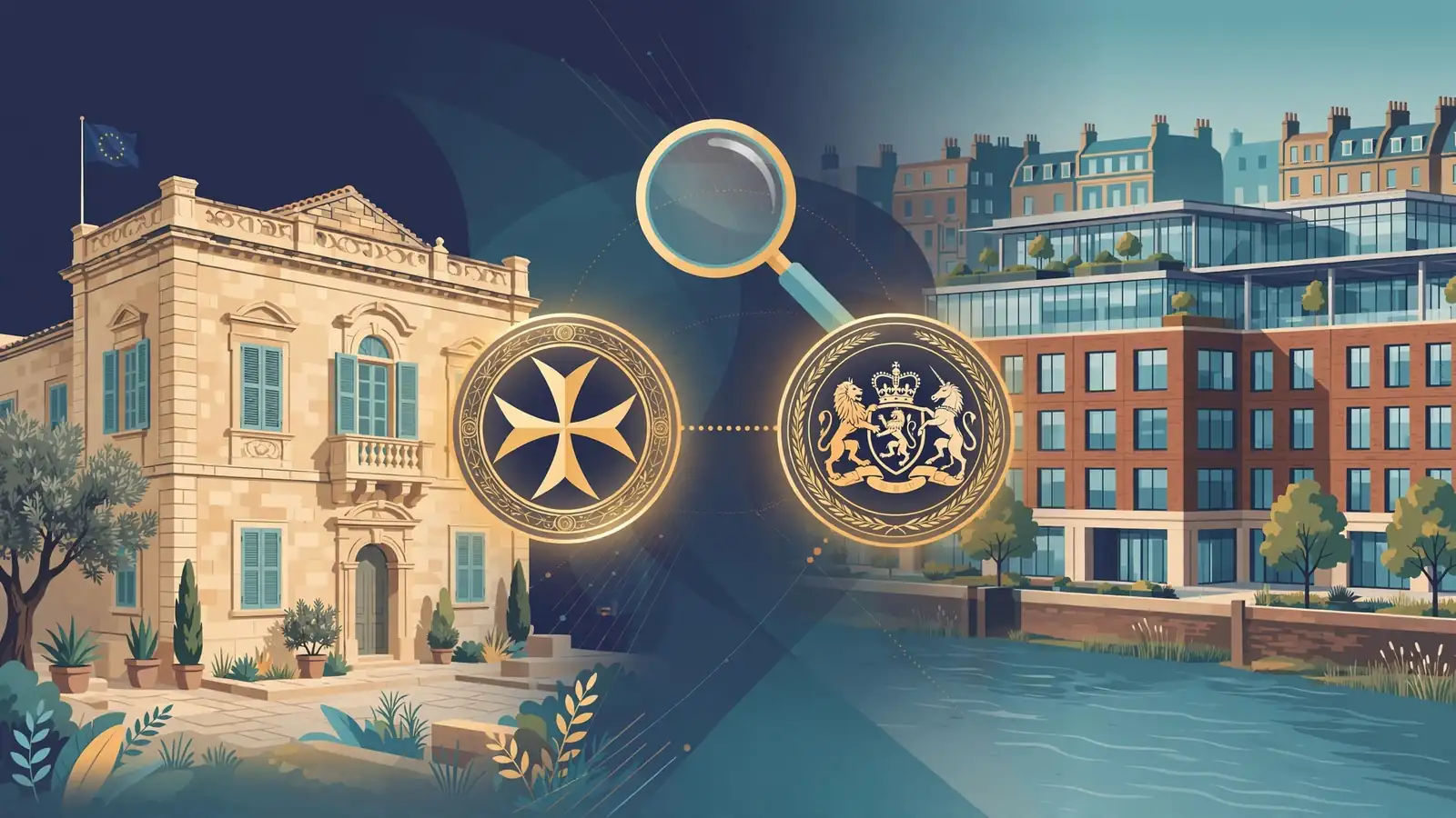 Split illustration of Maltese and UK regulatory offices with two licensing seals