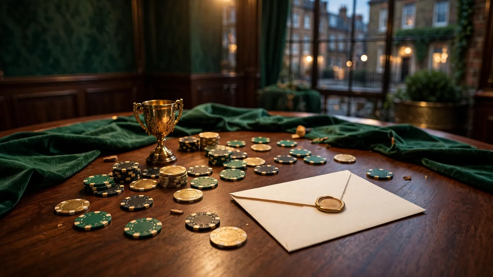 Casino chips and trophy on an elegant tournament table
