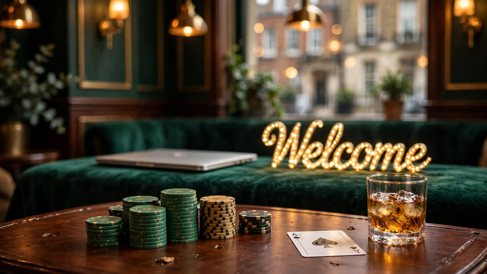 Elegant casino table with chips and card in a luxurious British-themed lounge