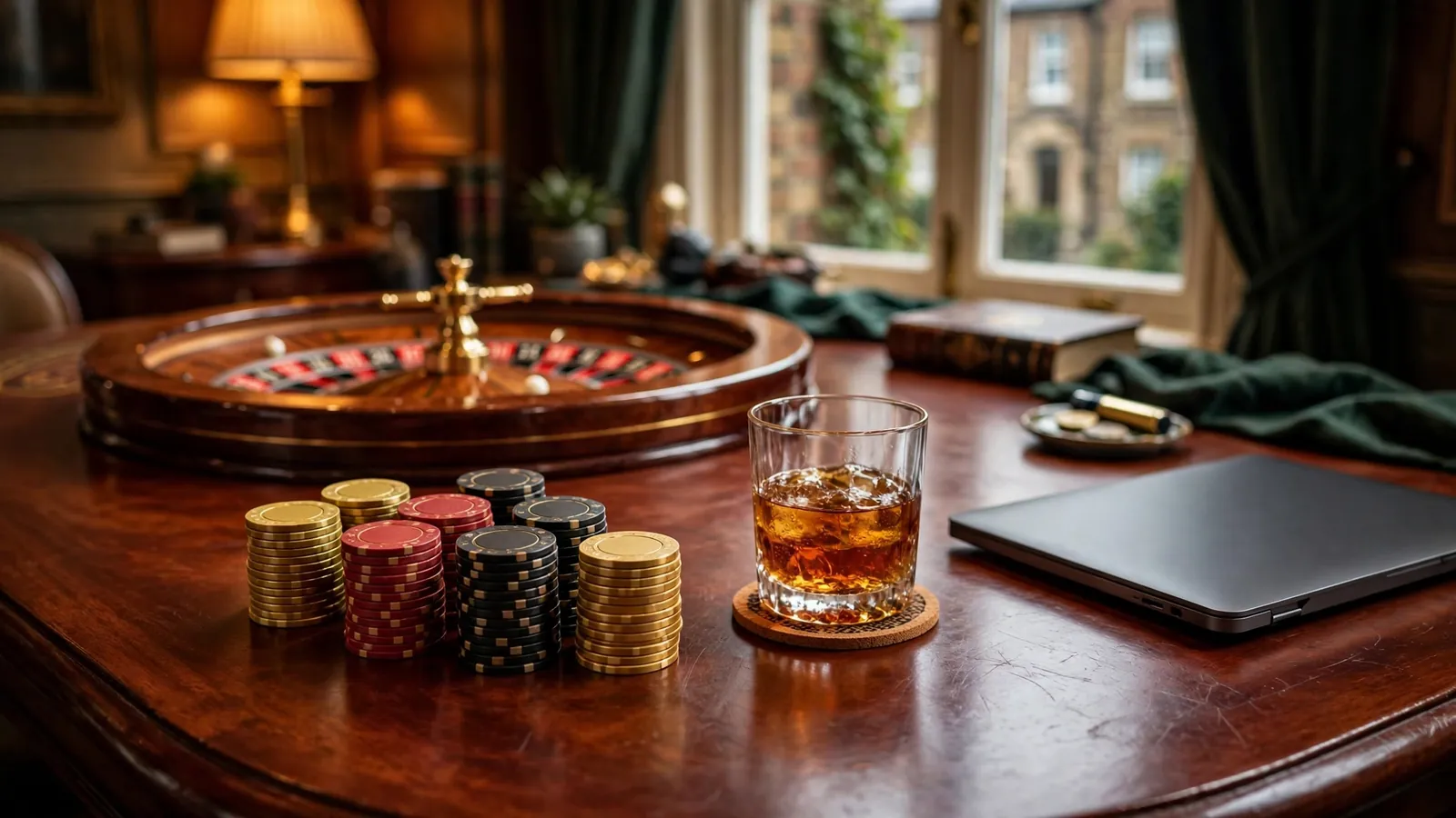 Luxurious casino table with stacked chips, roulette wheel, and warm lighting