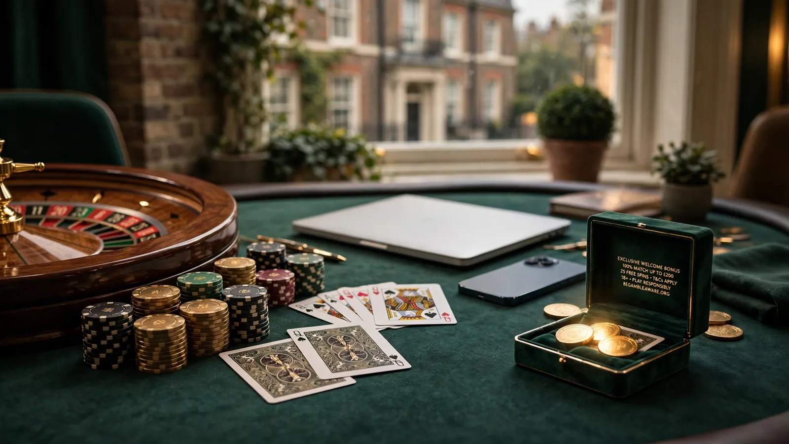 Casino chips, roulette wheel, closed devices, and gold bonus tokens on green baize