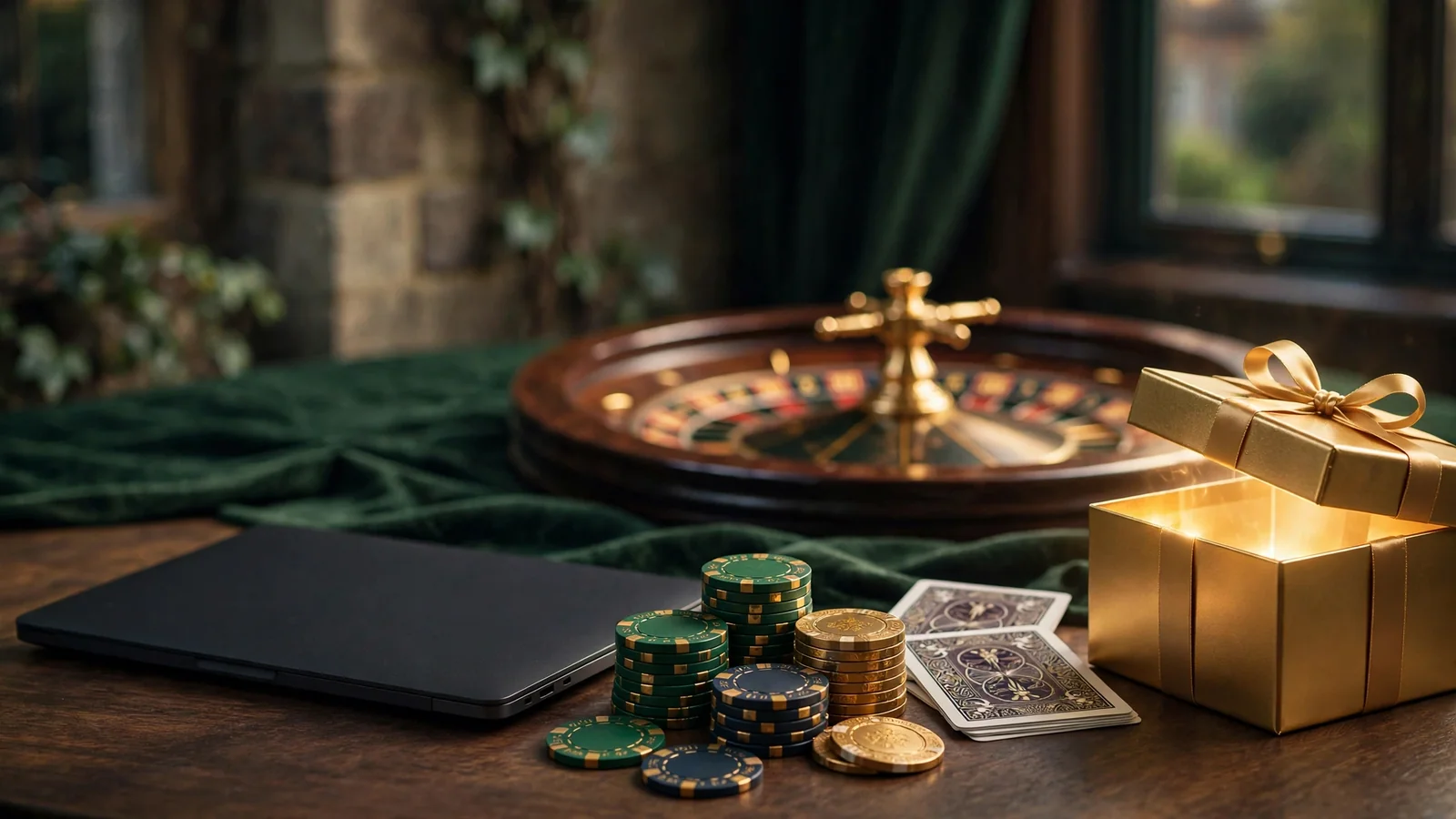 Elegant UK casino bonus scene with laptop, chips, cards and golden gift