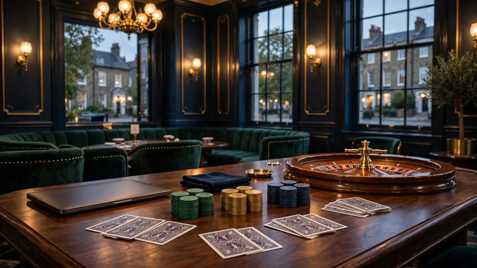 Elegant UK casino lounge with cards, chips, roulette, and closed laptop