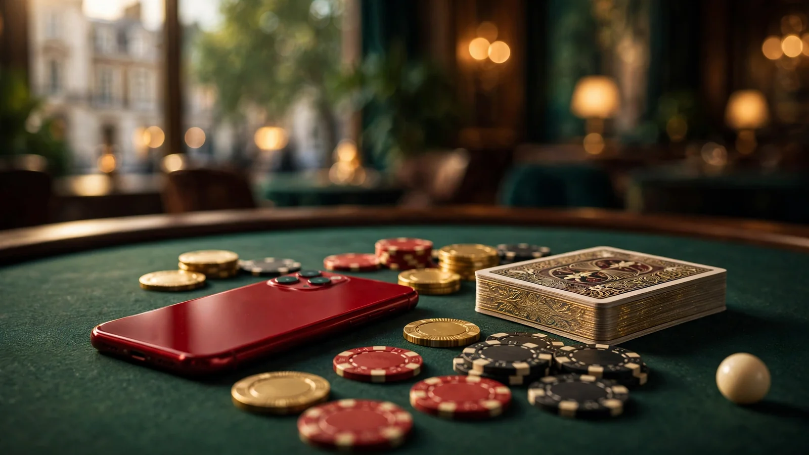 Smartphone on a casino table with chips, cards and a roulette ball