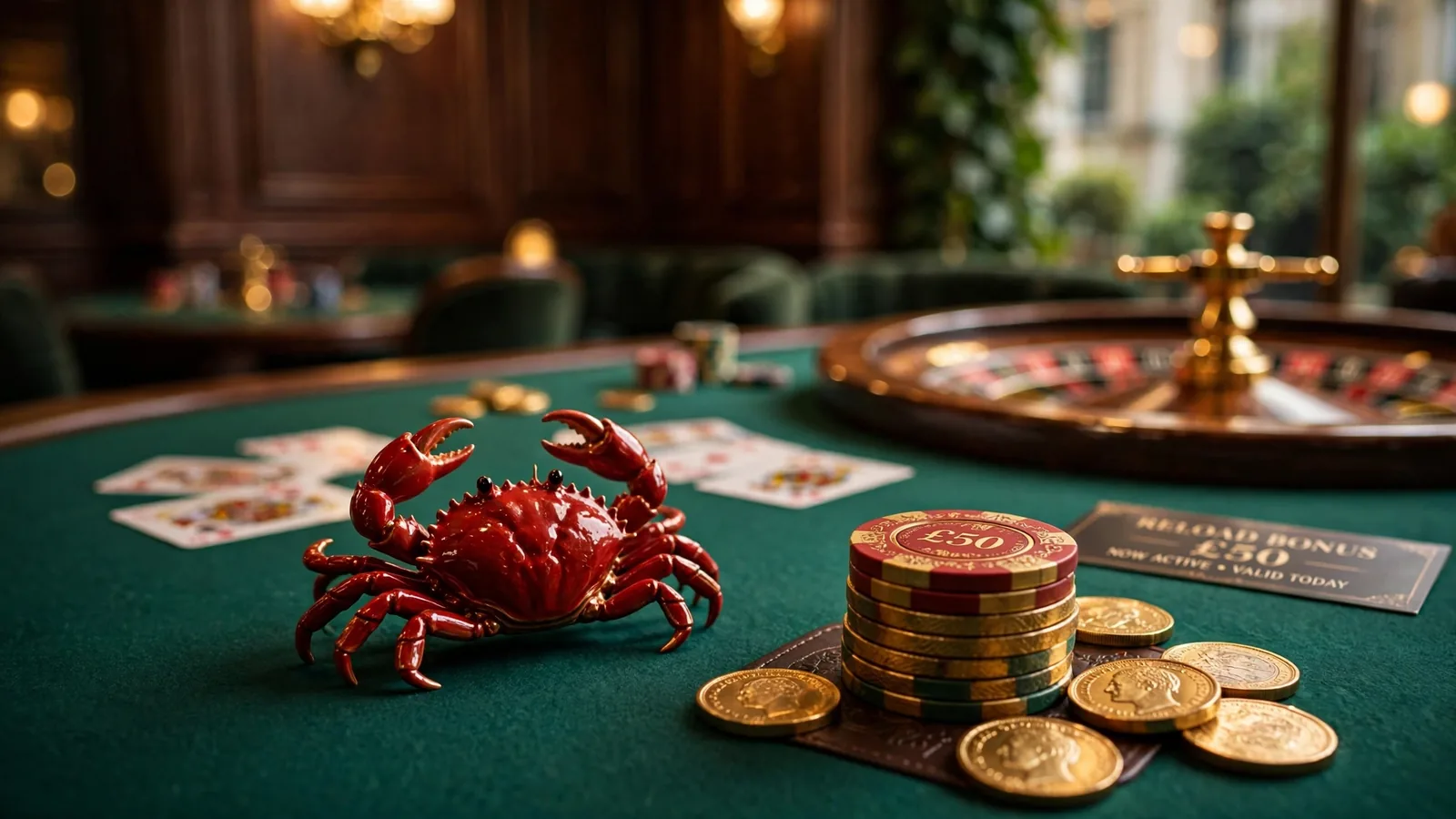 Decorative red crab figurine beside casino chips on a green felt table