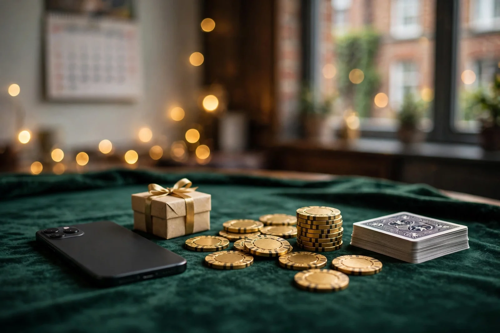 Phone, gift box, tokens and cards representing daily UK casino promotions