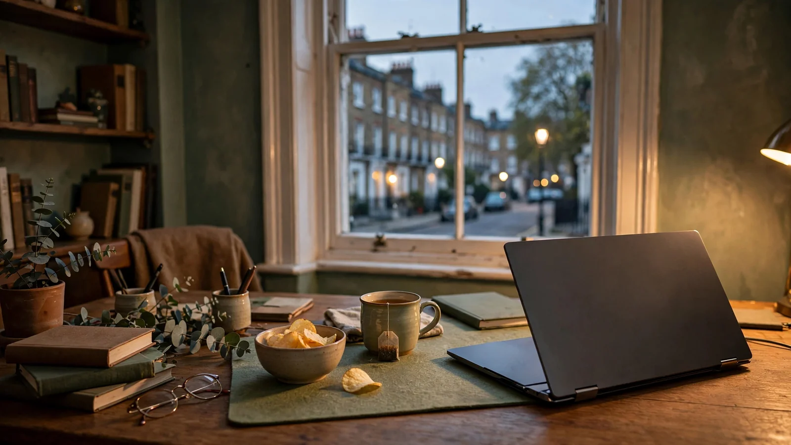 London home office desk with closed laptop and a single poker chip at dusk