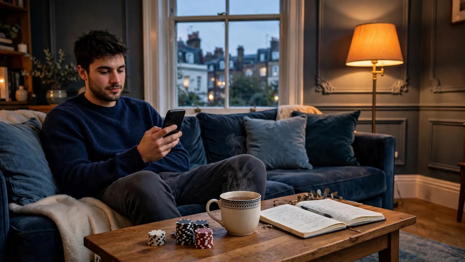 Person relaxing in a British living room with poker chips and tea on a coffee table