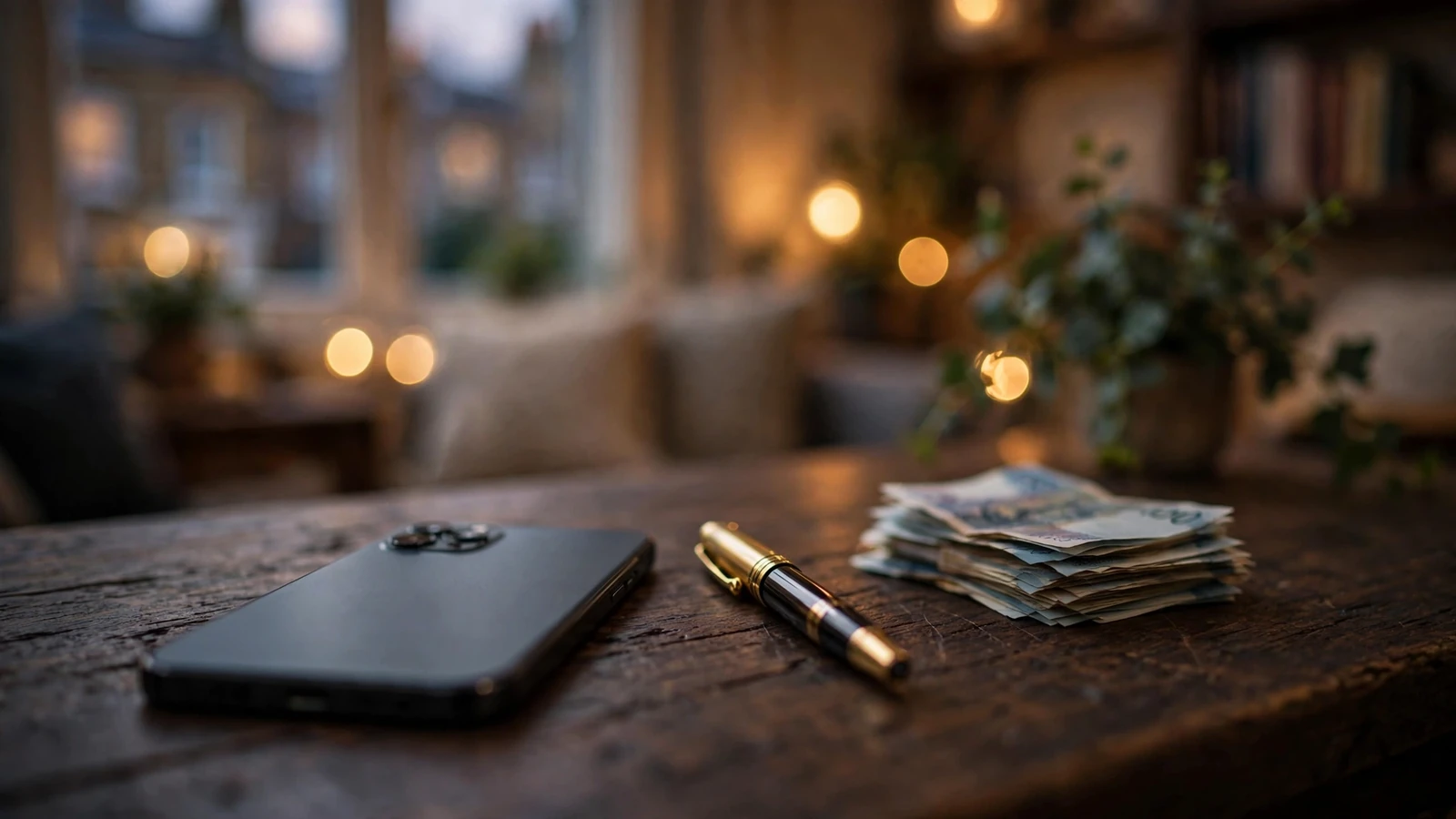 Smartphone with British pounds on a wooden table