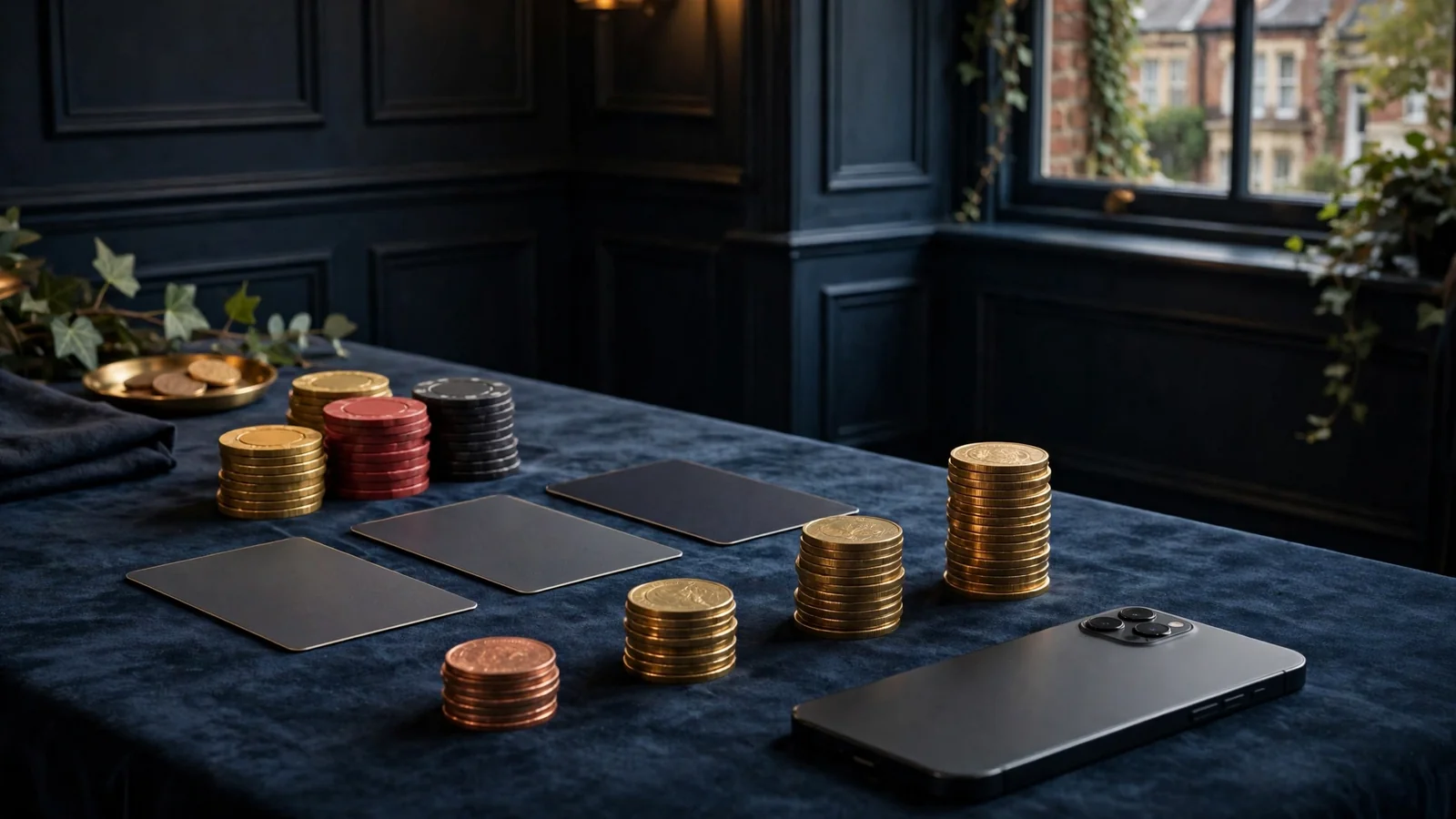 Elegant UK casino deposit scene with chips, payment cards, coin stacks and a face-down phone.