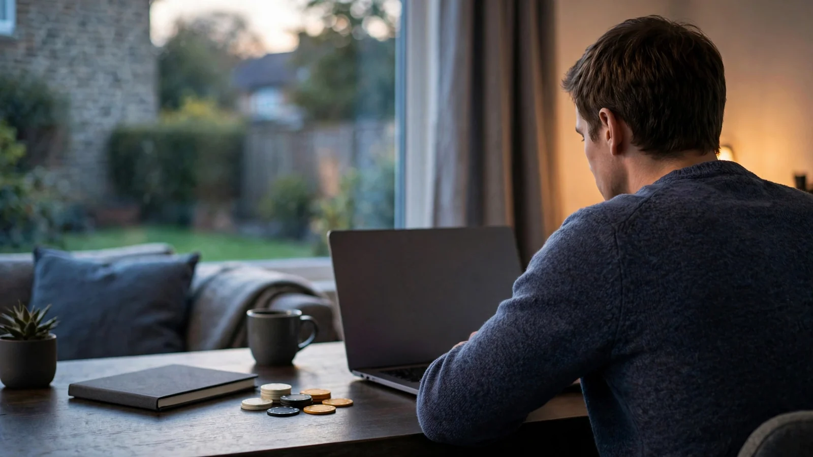 Adult using a turned-away laptop beside casino chips in a UK home