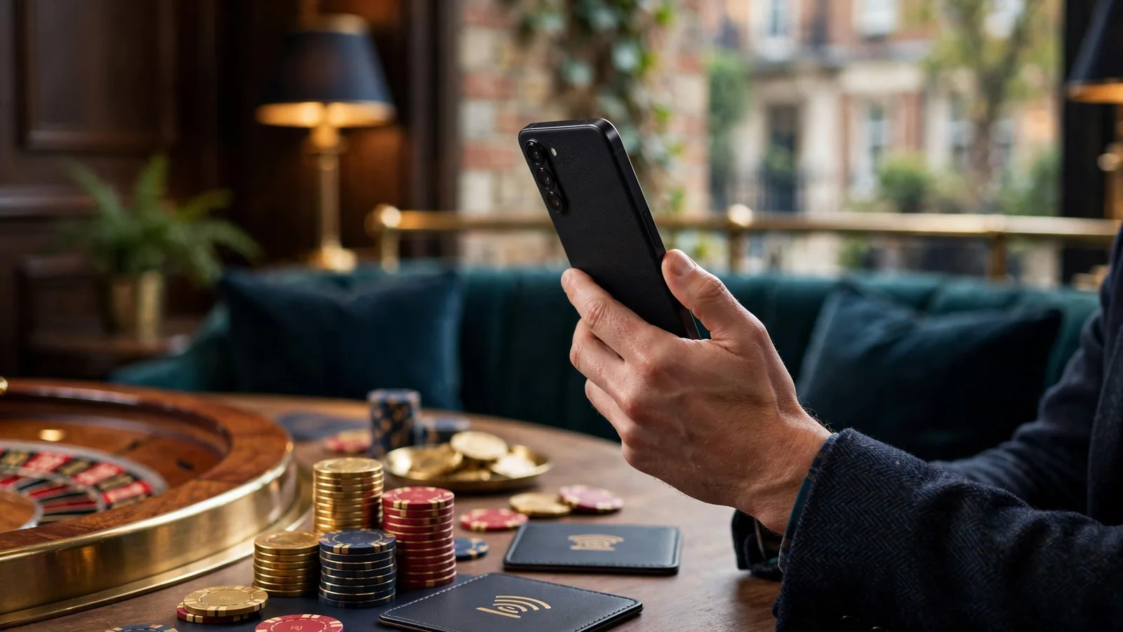 Smartphone and casino tokens in a premium UK casino lounge