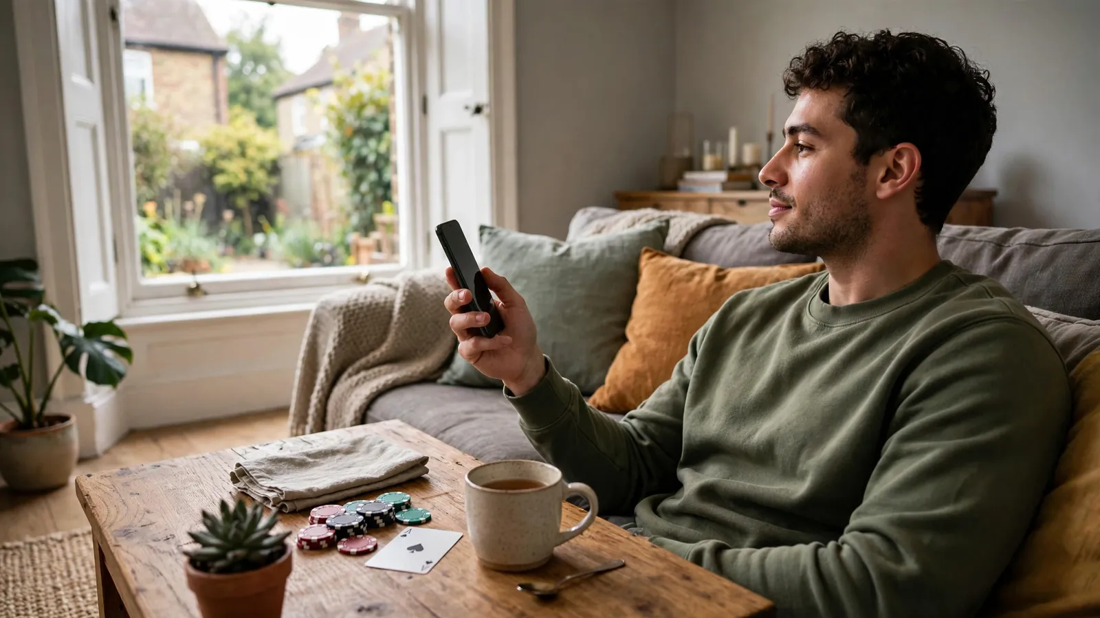 UK player relaxing with smartphone, chips and tea on table