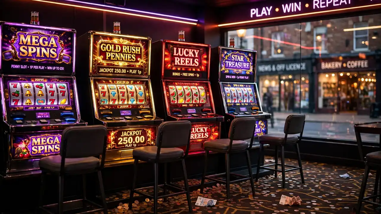 Row of penny slot machines in a UK amusement arcade