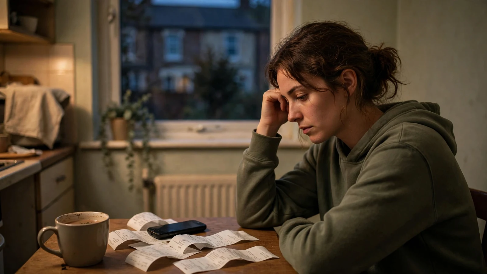 Person sitting alone at a kitchen table with phone face-down and receipts.