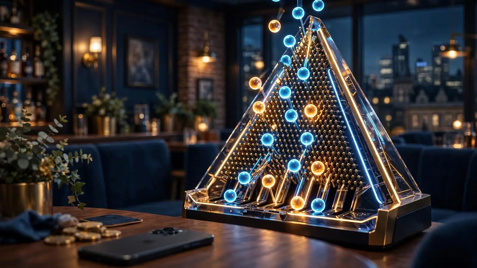 Neon Plinko pegboard pyramid in a moody UK casino lounge setting