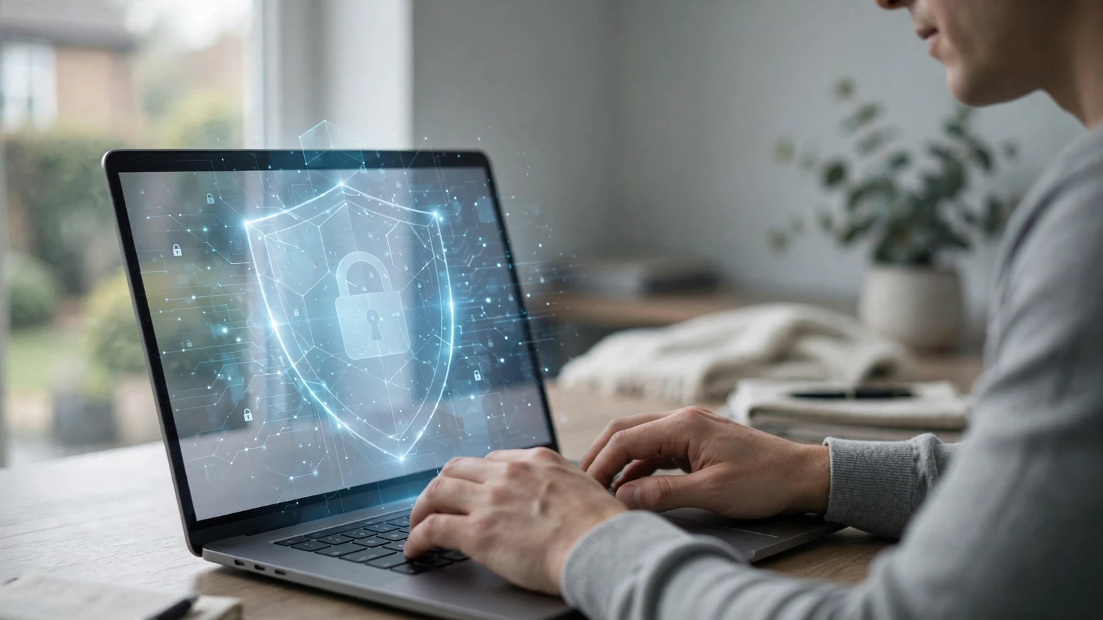 Hands typing on a laptop protected by a glowing privacy shield