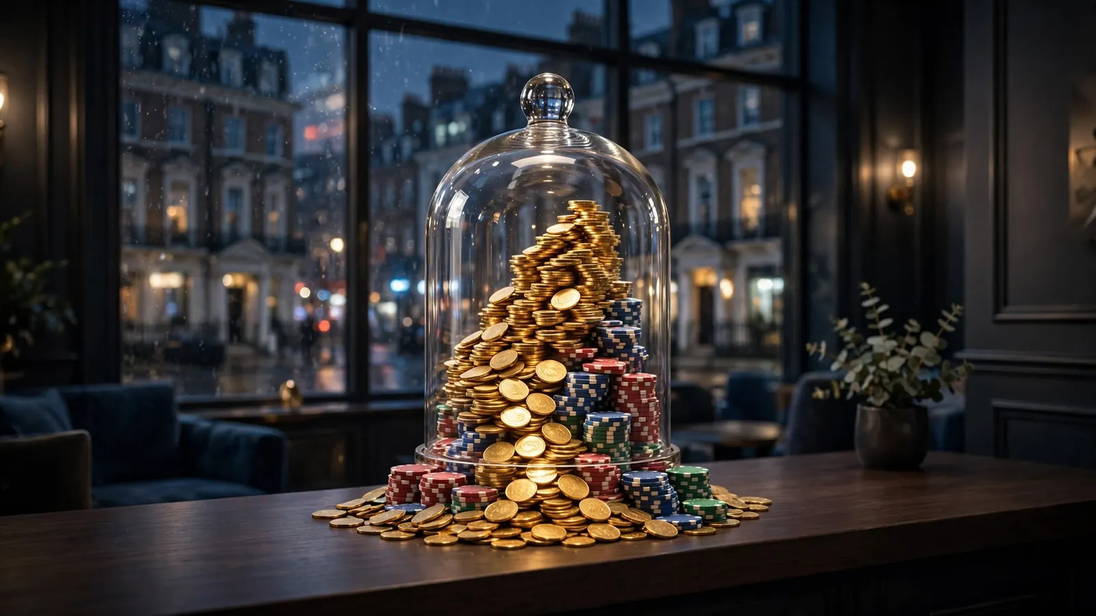 Glowing casino coins and chips collected beneath glass in a modern London lounge