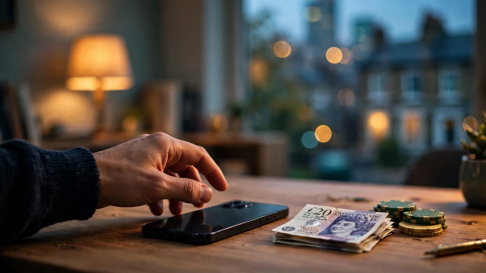 Hand reaching for smartphone near pound notes and casino chips on a desk