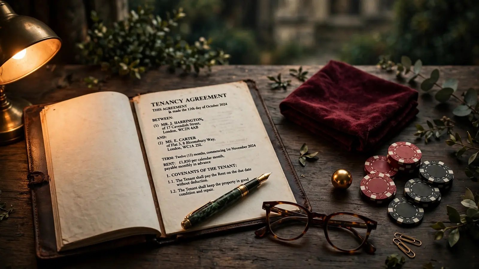 Legal terms document with glasses, pen, and casino chips on a wooden desk