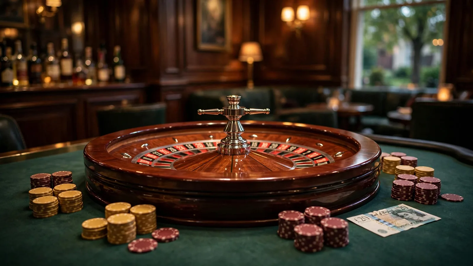 Elegant UK casino lounge with a roulette wheel and gold casino chips.
