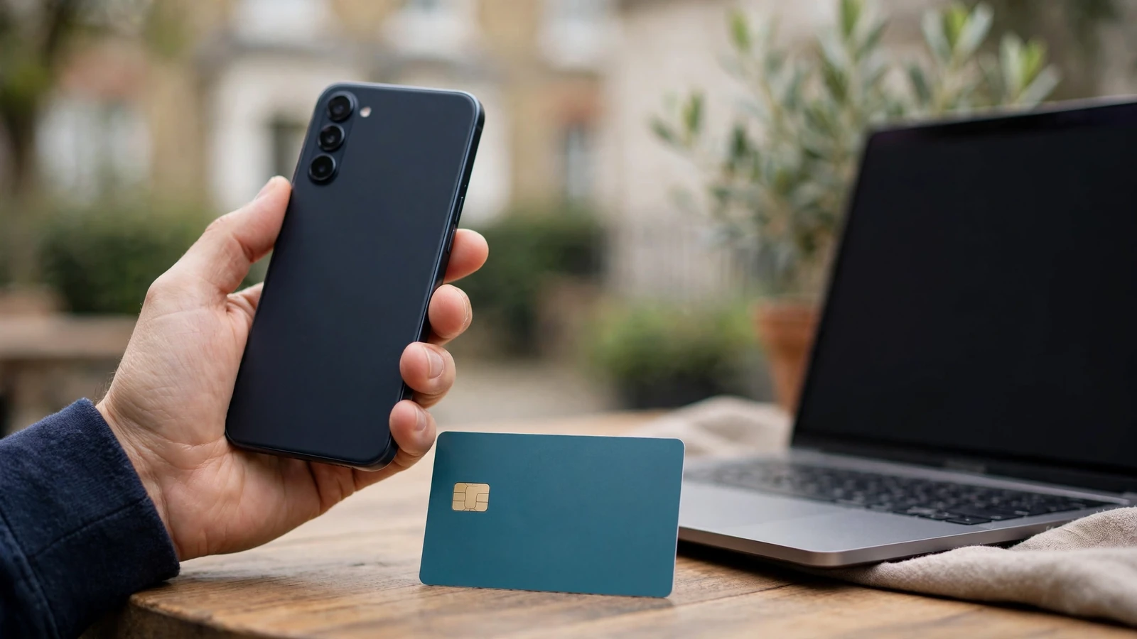 Phone, bank card and laptop illustrating secure direct banking for a UK casino.