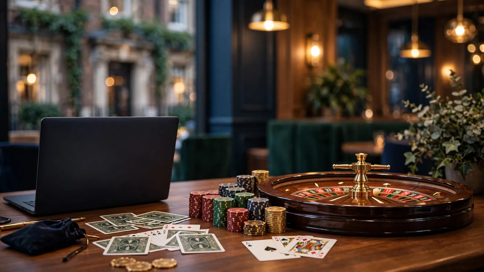 Elegant UK casino table with chips, cards, roulette, and closed laptop