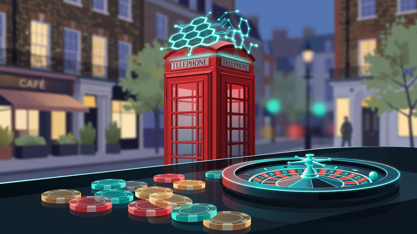 London telephone booth with blockchain motif, roulette and poker chips at dusk