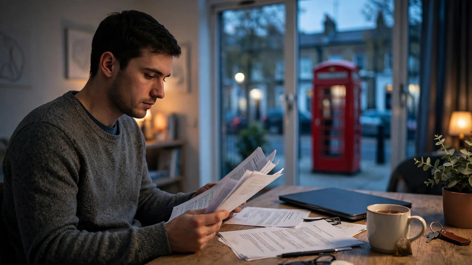 Thoughtful British man reviewing printed information at a desk in a London flat at dusk.